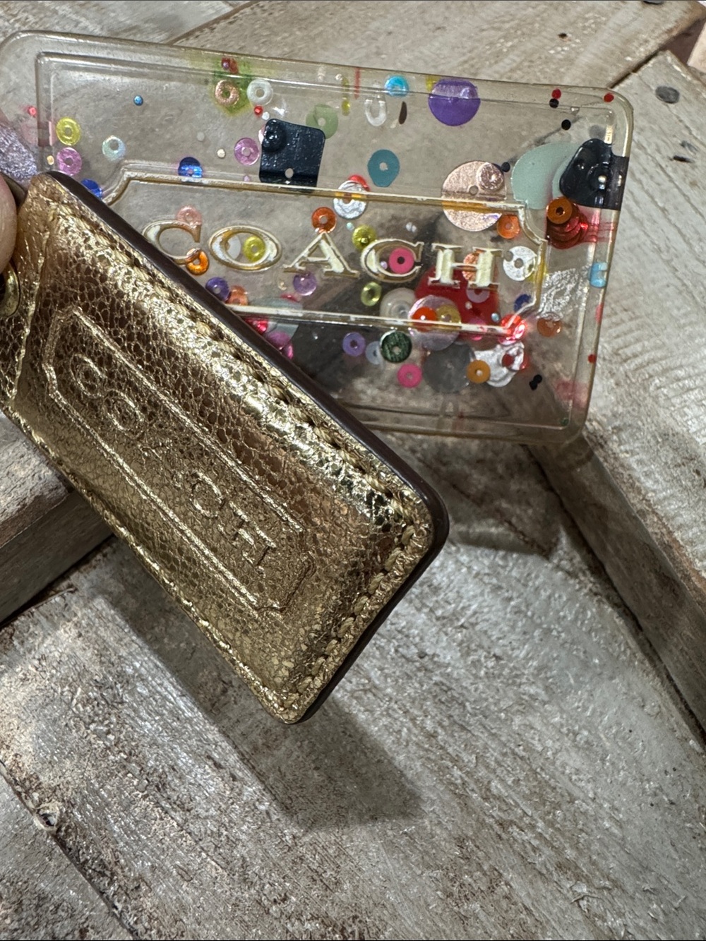 Coach Clear Confetti and Metallic Gold Leather Hangtag Set on ball chain